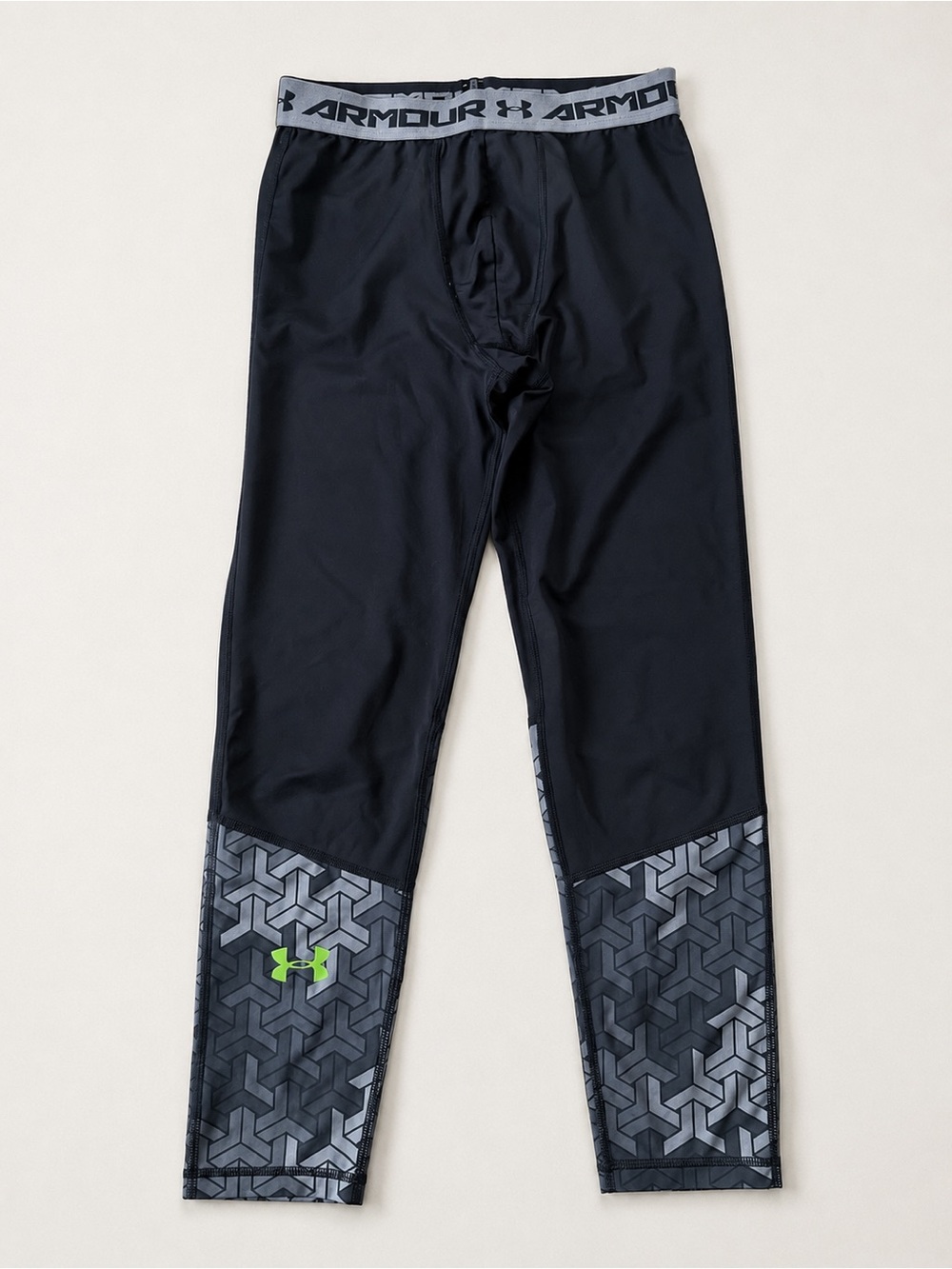 Under Armour Black and Gray Youth Large Compression Leggings Neon Green Logo